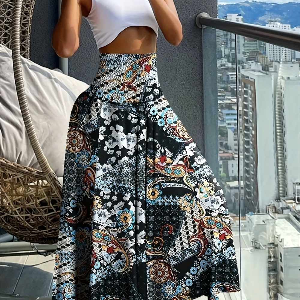 A-Line Maxi Skirt with Stretchy Waist Black White Blue Vacay Outfit Skirts